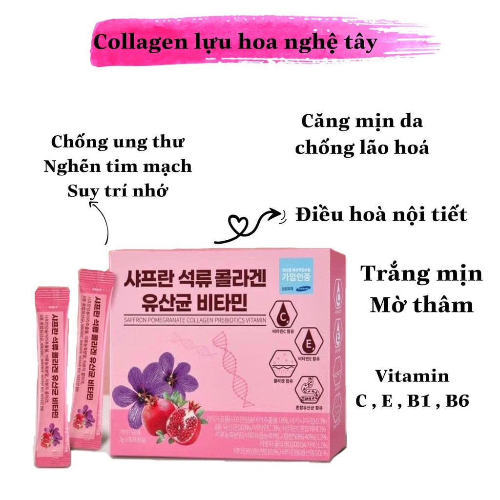 Collagen Lựu Đỏ Nhuỵ Hoa Nghệ Tây Bio Cell Pomegranate Collagen & Probiotics 60g 30 Gói