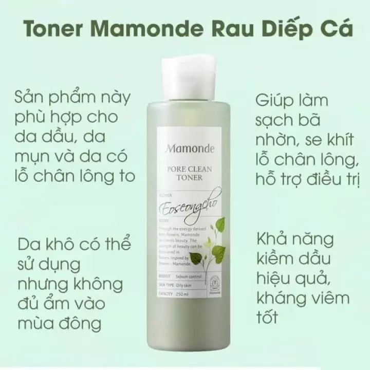 Nước Hoa Hồng Trị Mụn Tinh Chất Rau Diếp Cá Mamonde Pore Clean Toner 250ml